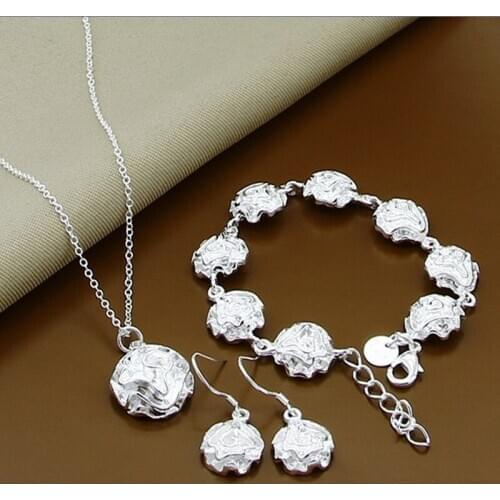 925 Sterling Silver Rose Flower Necklace Bracelets Earring Ring Set For Women Wedding Engagement Party Jewelry Gift