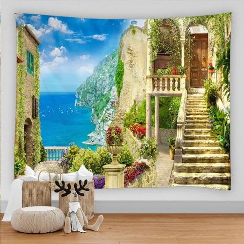 Beautiful Ancient Architecture Scenery Wall Hanging Landscape Tapestry Sea Beach Wall Cloth Beach Mat Flower Blanket Home Decor