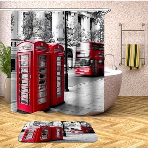 Red Telephone Booth Bath Screen For Bathroom Shower Bathtub Polyester Printing Europe Street Scenery Shower Curtain Large Size