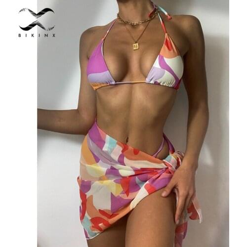 Sexy pink print swimsuit 3pieces mesh bikini set Triangle micro bikini String halter swimwear women Low waist bathing suit New