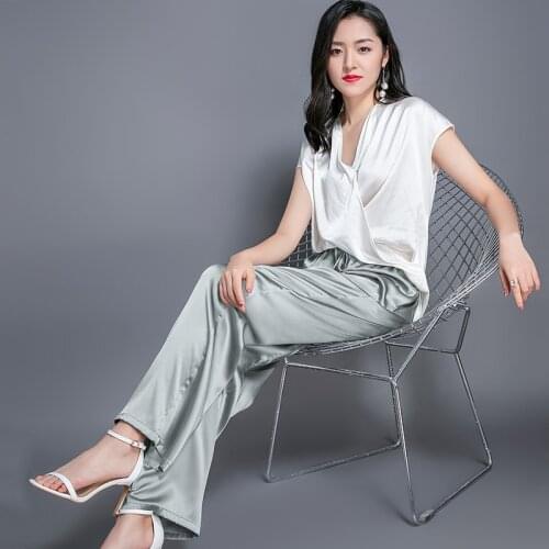 Summer 2021 100% Silk Wide Leg Pants for Women Korean Fashion Trousers Casual Black Pants Female Pantalones De Mujer Pph4711