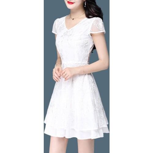 M-4XL Summer New Fashion V-Neck Mesh Belt Elegant Temperament Flower Embroidery Slim White Cocktail Dresses 9660