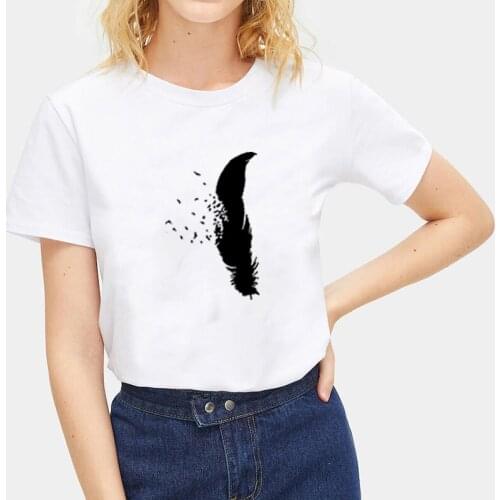Fashion T Shirts Feather Print Short Sleeve O Neck T Shirts Summer Loose T Shirts for Women Tops Casual Tee Shirt Femme