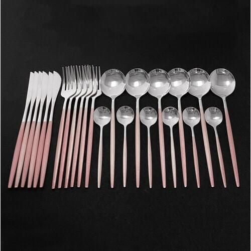 24Pcs Western Cutlery Set Hot Pink Silver Dinnerware 304 Stainless Steel Kitchen Food Tableware Fork Knife Scoop Silverware set