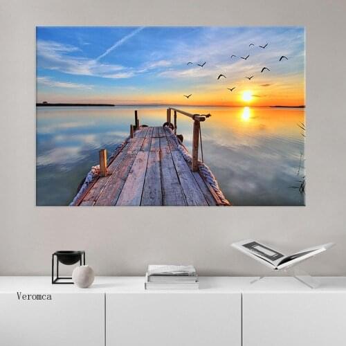 Seaside Pier Plank Road Canvas Painting Sunrise Sunset Sea Landscape Posters Living Room Bedside Banner Home Decoration Mural