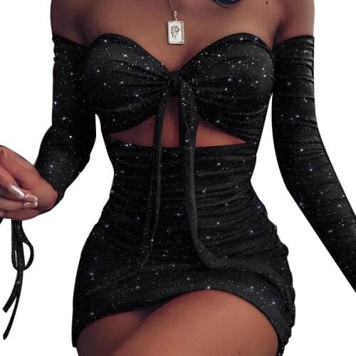 Sexy Solid Colour Long sleeve High waist glitter Off shoulder Mini dress 2021 Spring Fashion Women