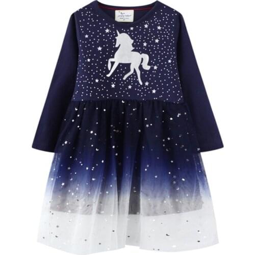 Girls Dress Spring Autumn Star Unicorn Pattern Dresses for Kids Long Sleeve Gauze Clothing