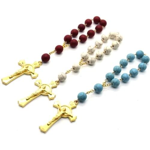 QIGO Stone Car Hanging Cross Bracelets Gold Color Christ Regligious Jewelry