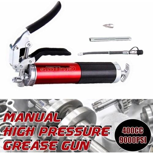 9000psi High Pressure Manual Grease Gun Heavy Duty Pistol Grip 400cc 14oz Lubrication W/12" Flex Hose 5-1/2" Metal Extension