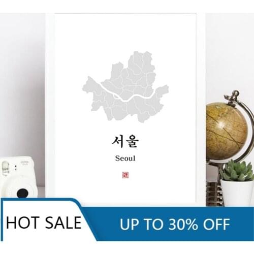 Seoul Korea City Map Wall Art Canvas Painting Posters Print Korean Letters Wall Decor Modern for Asian Aesthetic Home Decoration