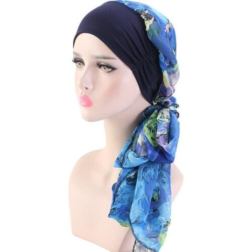 Women Elastic Wide Edge Turban Hat Muslim Chiffon Hijab Scarf Hat Hair Wear Head Wrap Lady Headwear Cancer Hat India Cap Bandana