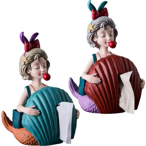 Modern Mermaid Girl Sculpture Tissue Box Desktop Decoration Dining Table Napkin Pumping Box Resin Craft Statue Home Decor