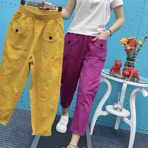 Korea Fashion Spring Summer Women Elastic Waist Loose Cotton Harem Pants Double Pocket Casual Ankle-length Pants Plus Size V344