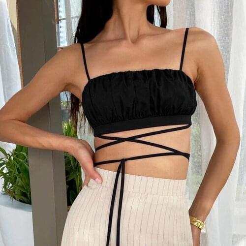 Chic Sleeveless Short Top Pleated Sexy Bandage Camisole Black Summer Sling Womens White Camisole Top High Street 2021 Fashion