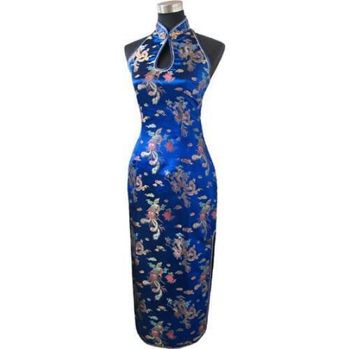 Chinese Style Women Print Qiapo Sexy Backless Slim High Split Cheongsam Classic Mandarin Collar Dragon Phoenix Formal Dress
