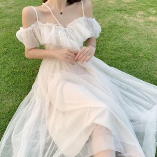 Fairy Dress Woman Ruffle Off Shoulder Dress Elegant Mesh Long Beach White Dresses For Women Party 2021 Korean V Neck Bandage New