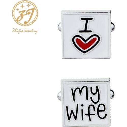 Zhijia Wedding Cufflinks For Mens I Love My Wife Cuff Links Men Shirt Cuff Button Promotion For Romantic red heart cufflink
