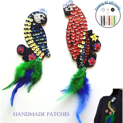 1pc bird beaded patches for clothing DIY rhinestone feather Sew on patches Animal Embroidery applique parches bordados para ropa