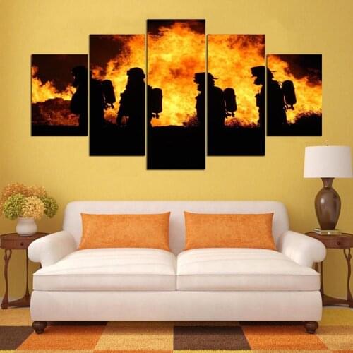 JIE DO ART 5 Panel Paintings Printing Firefighters Canvas Home Decor Wall Art Pictures for the living room