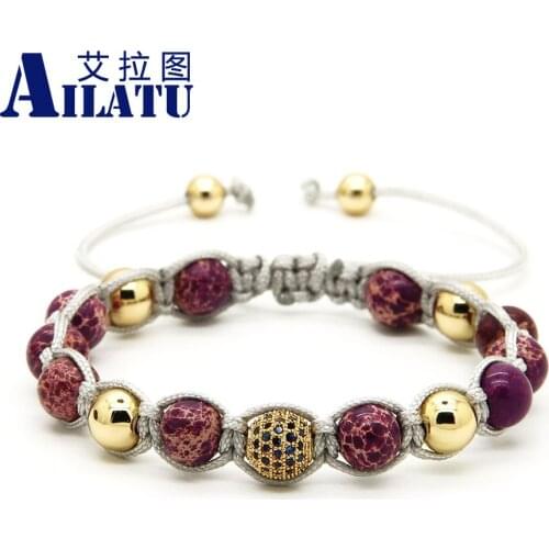 Ailatu Wholesale 10pcs/lot Purple Sea Sediment Stone with 9mm Micro Paved Blue Cz Copper Beads Braiding Macrame Bracelet