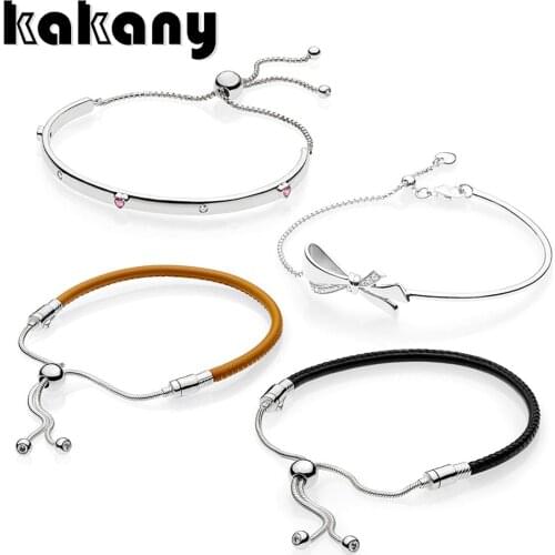 100% 925 Sterling Silver Couple Bracelet Bracelet Brilliant Bow Instant Golden Brown Leather Slippery Black Leather