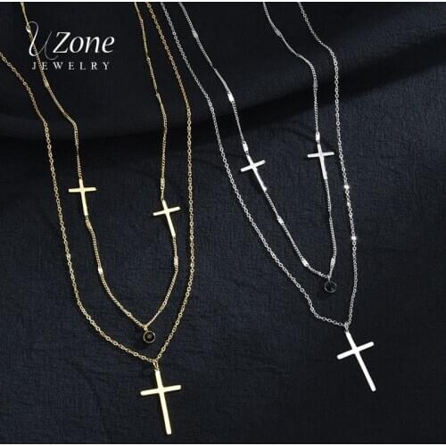 Uzone High Polished Stainless Steel Cross Pendant Necklace Double-layer Chain Black Stone Chocker Necklaces For Women Girl Gift