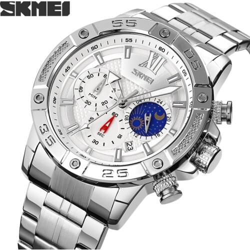 SKMEI Official Quartz Watch Fashion Business Mens Watches Original Design Stopwatch Clock Luxury Moon Phase Calendar Wristwatch