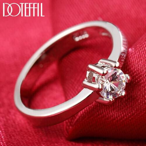 DOTEFFIL 925 Sterling Silver/Gold AAA Zircon Six Claws Classic Ring For Women Fashion Wedding Party Gift Charm Jewelry