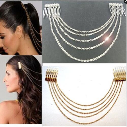 Double Sides Combs Golden & Silver Plated Metallic Hair Pins and Clips 5 Chains Tassels Headbands Hair Jewelry for Women