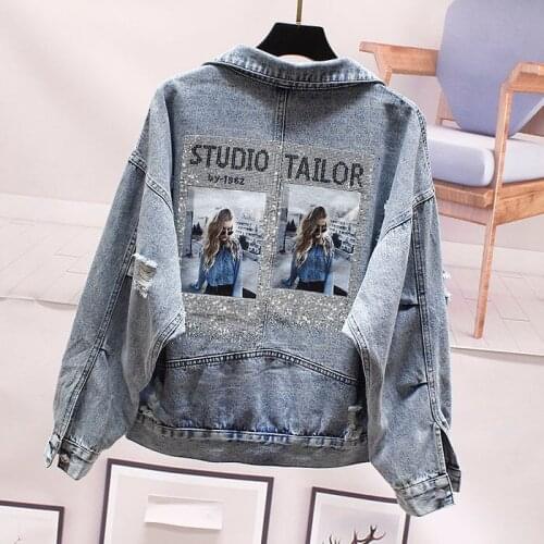 Women Jeans Jacket Outerwear cartoon print Bomber Denim Coat Rhinestone Bf Loose Streetwear Harajuku Hole Jackets