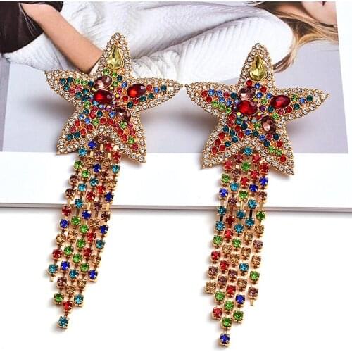 Exaggerated Luxury Handmade Glass Star Long Tassel Earrings Statement Brand Crystal Vintage Jewelry Wedding Gifts