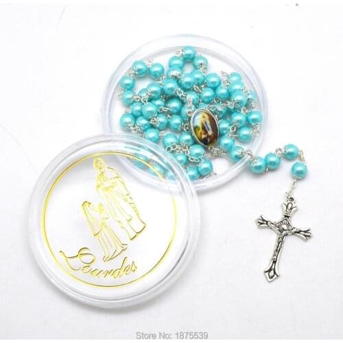 Lourdes Rosary Necklace Blue Glass Bead Silver Plated Eye Pin Box Packed