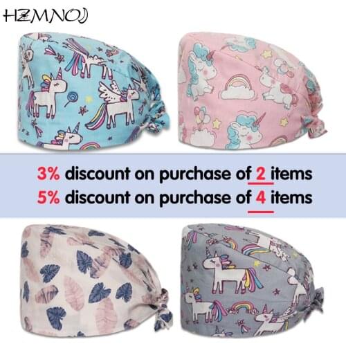 Fashion Cotton Cute Cartoon Print Nurse Cap Adjustable Scrub Hat Beauty Salon Nursing Cap Laboratory Pet Shop Fashion Scrub Cap