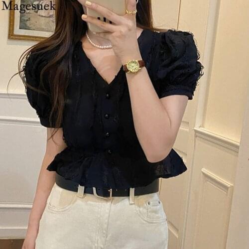 Korean Fashion Sweet Blouse Women Puff Short Sleeve Lace Stitching Womens Shirt Summer Slim Cotton Short Tops New Blusas 15668