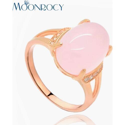 MOONROCY Free Shipping Fashion Jewelry Wholesale Rose Gold Color Oval Pink Opal CZ Crystal Ring for Women Girls Drop Shipping