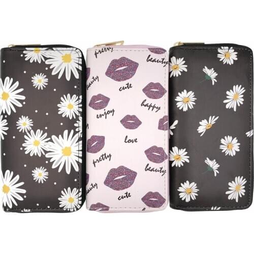 KANDRA New Fashion Daisy & Lip Print Women Zipper Wallet Cute Coin Pocket Credit Card Holder Laies Phone Bag Purses