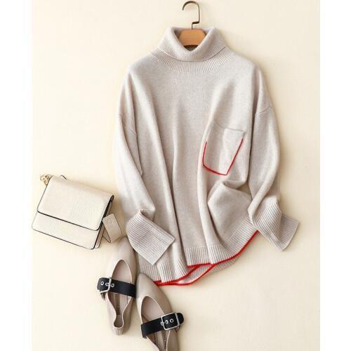 Pullover with A High Collar Womens New Arrival Sweaters Cashmere Turtleneck Solid Pockets Casual Loose Women Tops Winter 2019