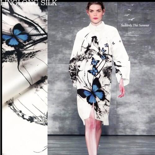 PRINT SILK ORGANZA SATIN FABRIC 14m/m Width 53"-135cm100% Silk Fabric Organza Sheer Fabric Amazing Blue Butterfly 1.29Yard/lot