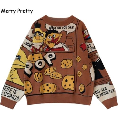 Merry Pretty Winter Thick Warm Sweater Women Funny Cartoon Letter Printed Jacquard Pullovers Sweaters Knit Drop Shouder Jumpers