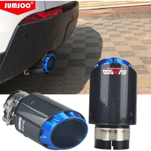 GenuineSUMSOO latest style 3 layer design Glossy carbon +blue plated for modificate Car MufflersTip black stainless Exhaust pipe