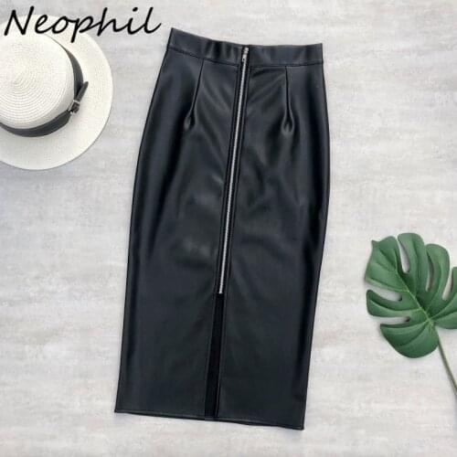 Neophil Vintage Zipper High Waist Latex Pencil Skirts Women Wrap Sexy Black PU Faux Leather Midi Split Skirt Bodycon Saia S21759