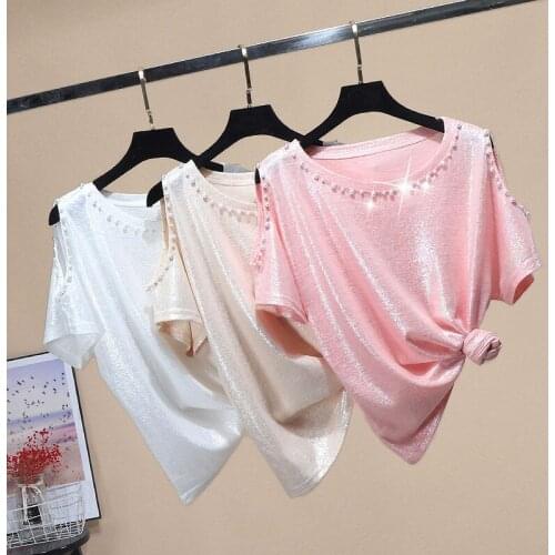 Short-sleeved T-shirt Womens 2021 Summer New Bottoming Shirt Loose Korean Beading Short Strapless Top