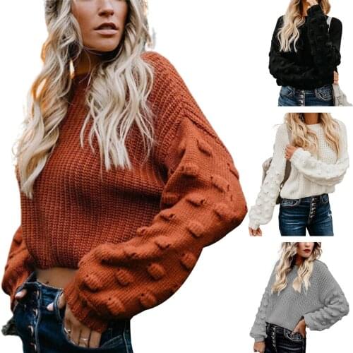 Women Solid Color Long Puff Sleeve Knitted Sweater Autumn Winter Short Jumpers