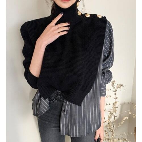 Korean Chic Fake Two-piece Shirt Ladies Stitching Striped Bubble Sleeve Blue Sweater Women Cute High Collar Side Buttons Sweater