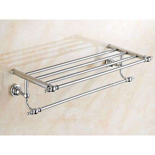 Bathroom Accessory Silver Polished Chrome Brass Wall Mounted Bathroom Large Towel Rail Holder Storage Rack Shelf Bar aba901