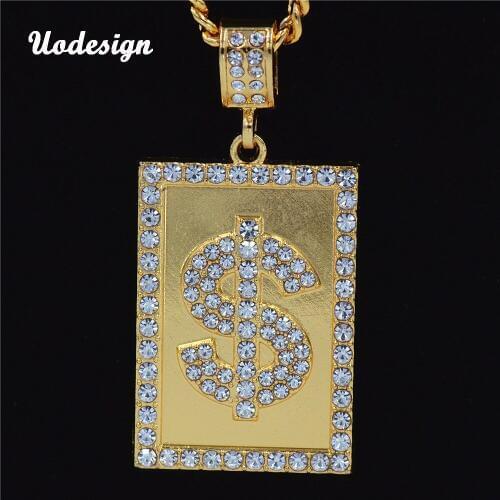 US Dollar Money Necklace & Pendant Crystal Gold Color Chain For Women/Men Rhinestone Hip Hop Bling Jewelry