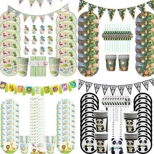 Jungle Birthday Party Decoration Disposable Tableware Set Jungle Animal Forest Panda Dinosaur Theme Baby Shower Decor Supplies