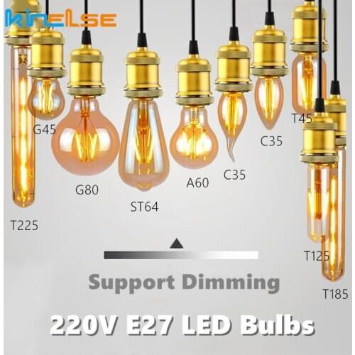 E27 Retro Edison LED Filament Bulb Lamp 220V Vintage Dimmable Glass Light Bulb C35 A60 G80 G95 G125 ST64 T45 T125 T185 T225 T300