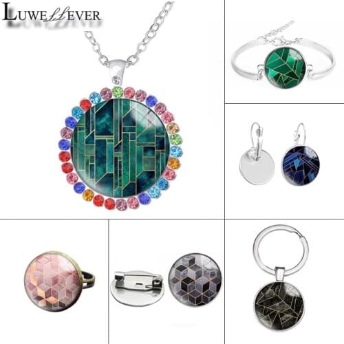 New 585 Geometric Blue Glass Necklace Bracelet 25mm Double Sided Round Glass Cabochon Jewelry For Unisex Charm Pendant