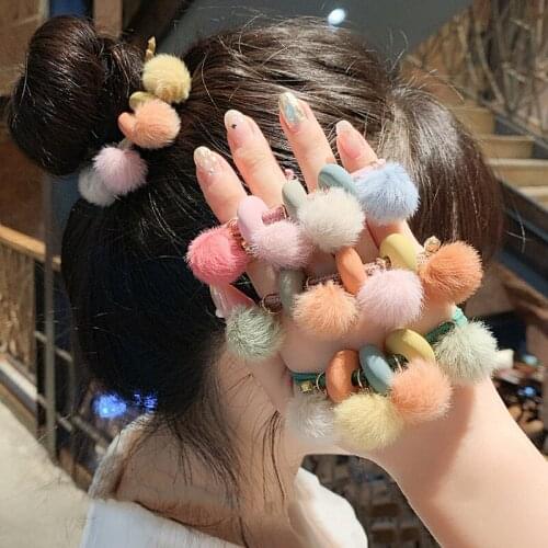 Cute Little girls Pompom Hair Ties Gum Bright Color Pom Pom Elastic Hair Band Hair Ropes Rubber Bands Hair Accessories